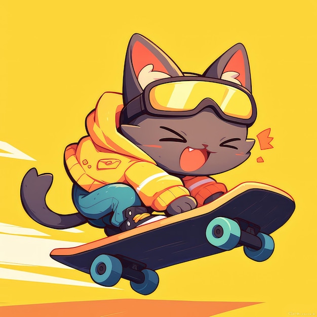 Un gatto sta guidando uno skateboard in stile cartone animato