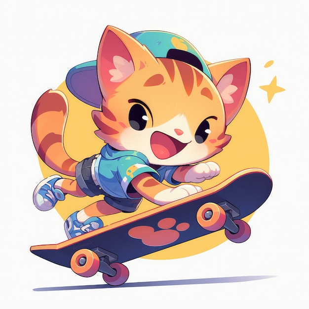 Un gatto sta guidando uno skateboard in stile cartone animato