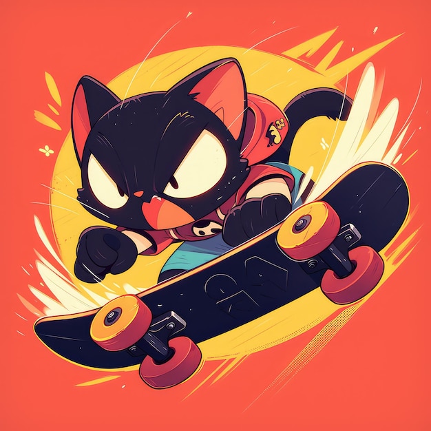 A cat is riding a skateboard cartoon style
