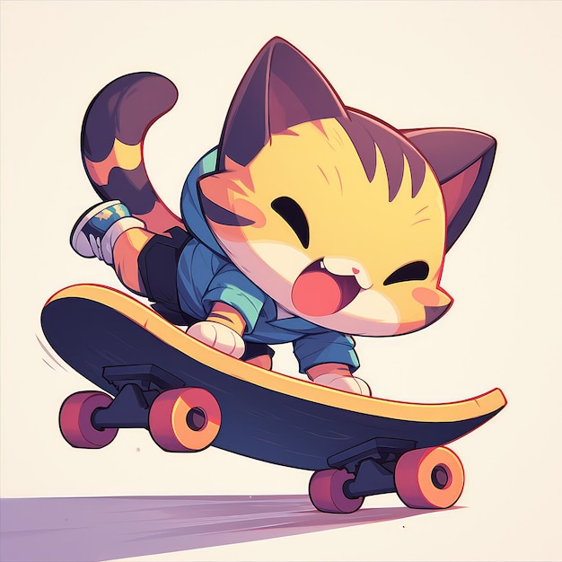 猫がスケートボードをカートゥーンスタイルで乗っている