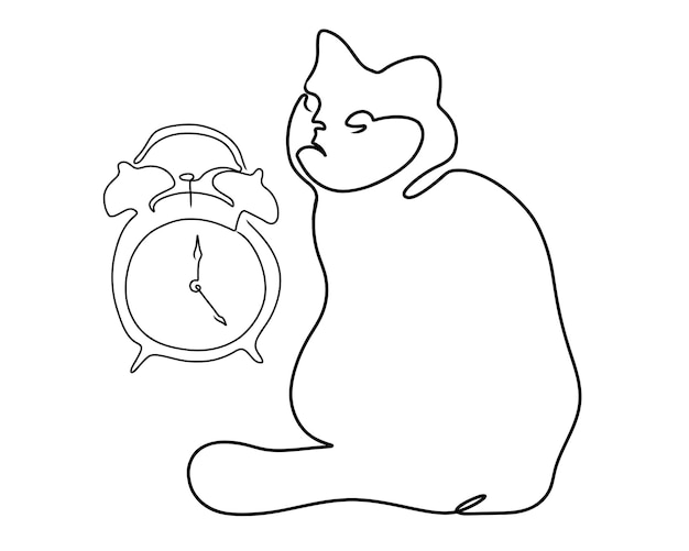 The cat is sitting near the alarm clock. Pet. One line drawing. Linear style. Doodle.