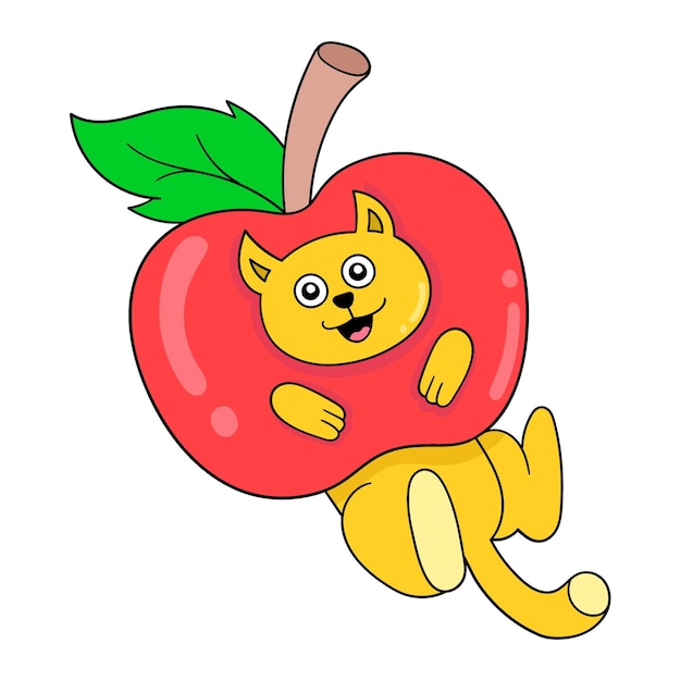 The cat is wearing a fresh red apple doodle icon image kawaii