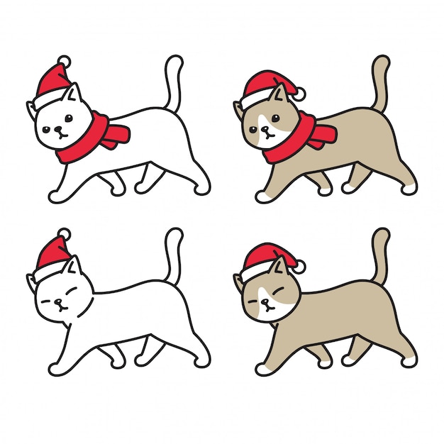 猫子猫クリスマスサンタクロースの帽子漫画のキャラクターを歩く