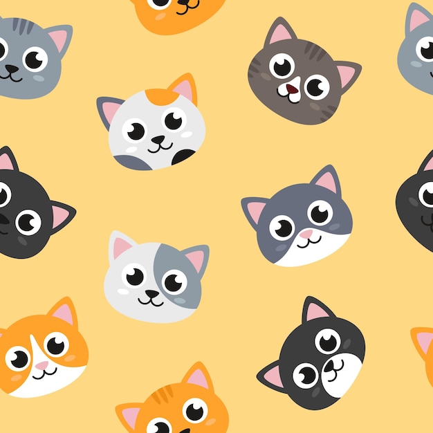 Cat kitten heads seamless pattern flat style illustrations background