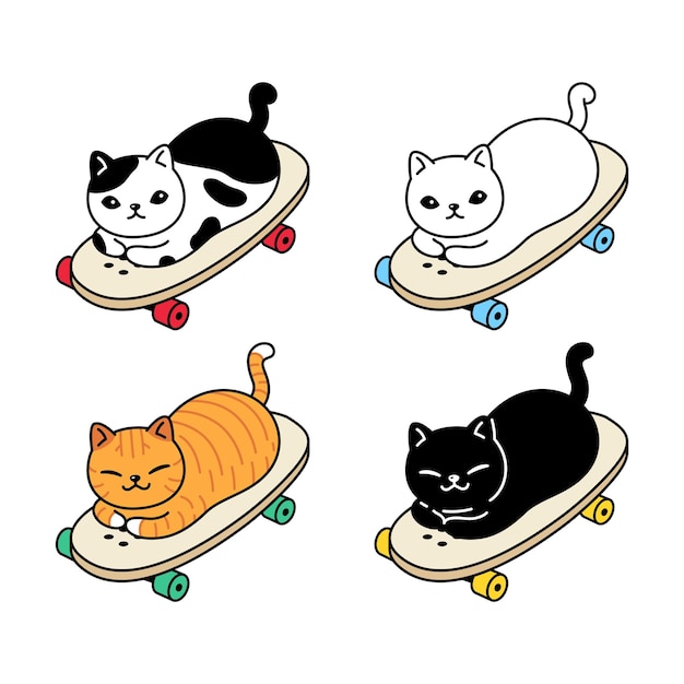 Vettore gattino gatto gioca a skateboard illustrazione doodle cartone animato