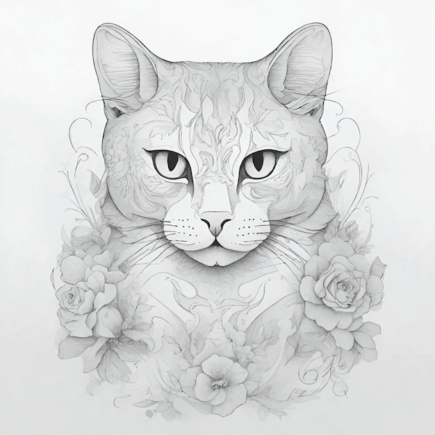 cat line art paint for tattoo or decoration