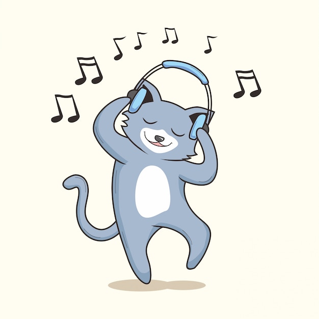 Vector cat listen music cartoon cute dance pussy cat