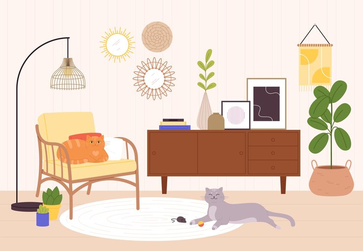 Vector リビングルームの猫 スタイリッシュな家具のインテリア 椅子と植物 家で休む猫 レトロデザイン 怠け者のペット 激しいベクトルシーン