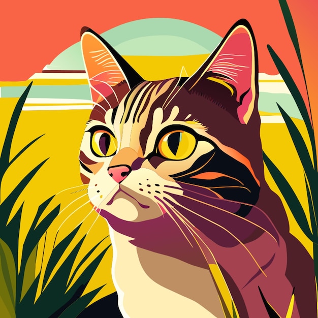 cat looking at camera on the grass vector illustration