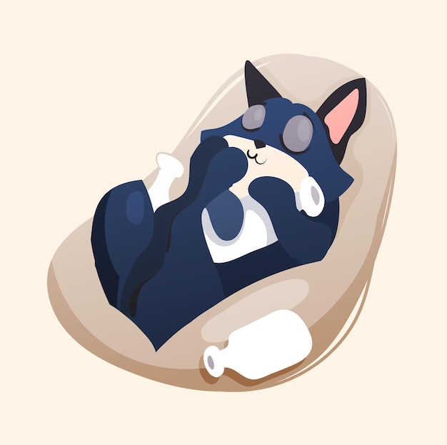 Vector cat lying on a pillow hugging milk, cartoon style