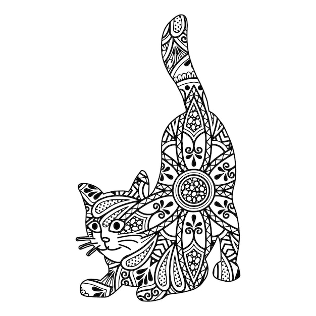 Кошачья мандала, раскрашивающая векторную иллюстрацию