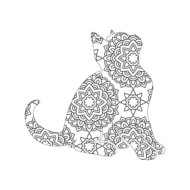 Cat Mandala vector hand drawn coloring page