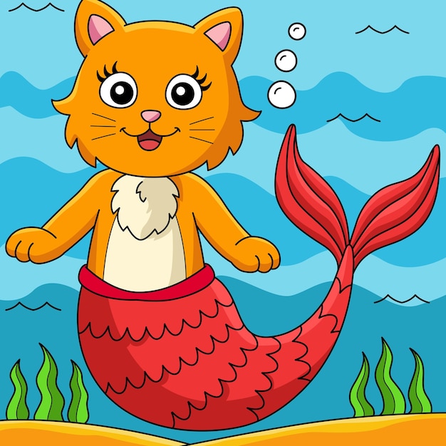 Cat Mermaid Colored Cartoon Illustration