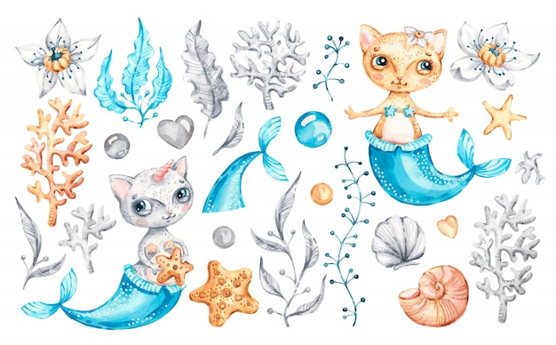 Vector cat mermaid unicorn baby cute girl. watercolor nursery cartoon sea animals, marine magic life.