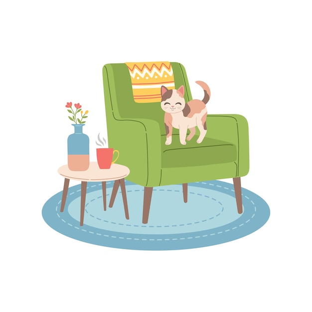 Vector cat on modern chair flat design vector illustration