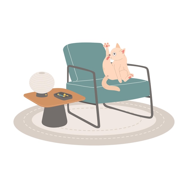 Cat on modern chair flat design vector illustration