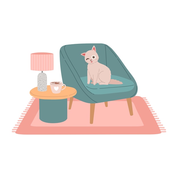 Vector cat on modern chair flat design vector illustration