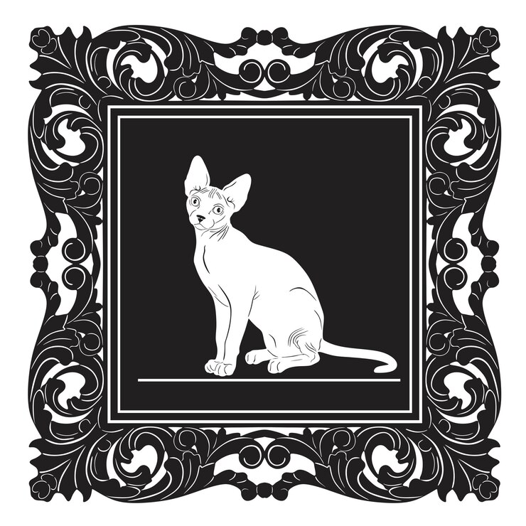 Vector cat outline with old frame handmade silhouette collection