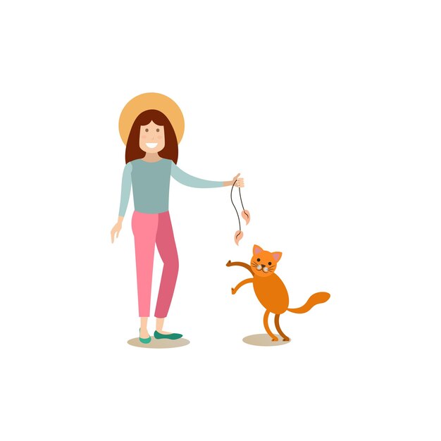 Vector cat owner female with her pet vector flat illustration