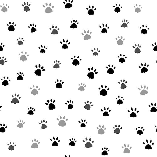 Illustrazione vettoriale della stampa della zampa del gatto. impronte animali colorate. modello di zampe senza soluzione di continuità. bianco su nero