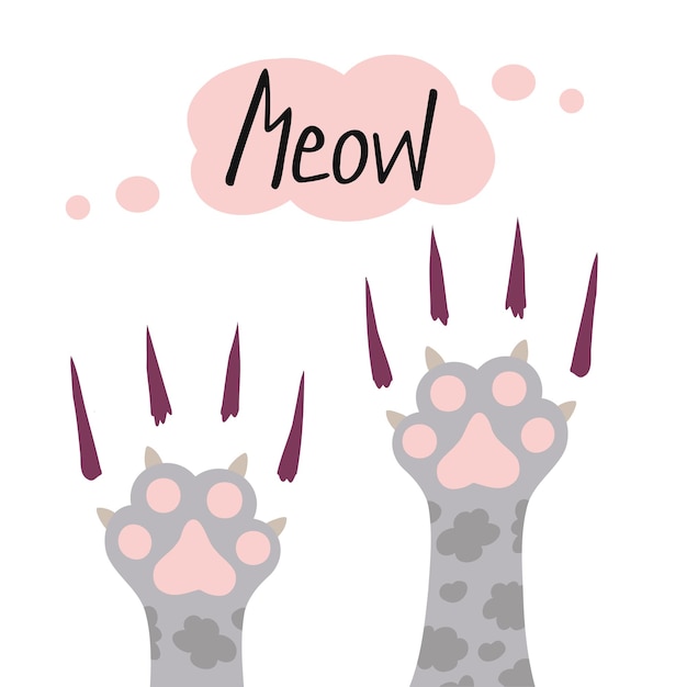 Cat paw scratches paw print with claws hand drawn illustration