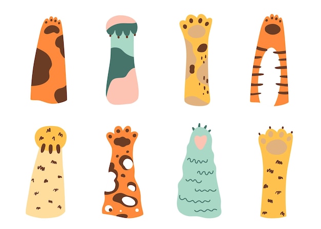 Cat paw set Wild animals cartoon colored cat paws Collection of various cute cartoon domestic animal foot