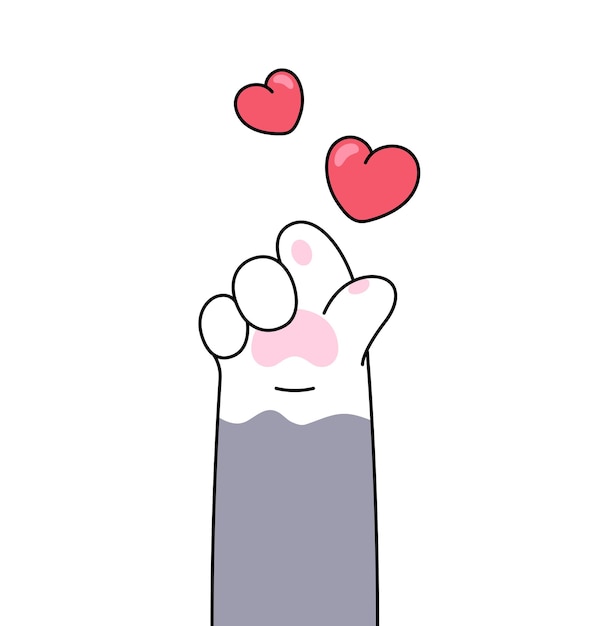 Cat paw showing korean love sign with hearts around it finger heart cartoon style illustration