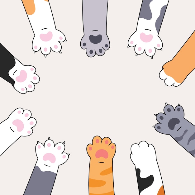 Vector cat paws in circle cartoon illustration kitten pet animal hand vector doodle drawing banner template