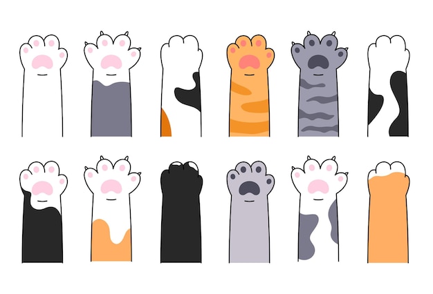 Cat paws pet animal hand set of cartoon style illustrations Vector doodle drawings