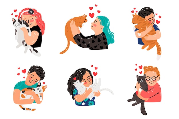 猫のペットの飼い主のキャラクター。飼い主は猫を抱き締め、女の子と男の子は猫の動物をかわいがり、ペットと若い人は肖像画のイラストを抱きしめます