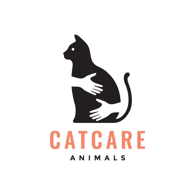 猫ペットケア抱擁手恋人フラットモダンなマスコットロゴアイコンベクトルイラスト