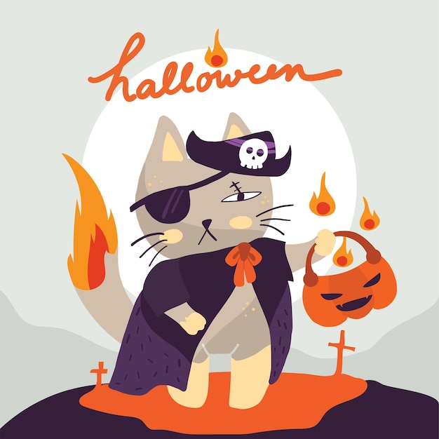 Vettore gatto in costume da pirata consegna un cesto di zucca il giorno di halloween