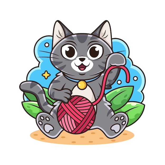 Vector cat play ball of yarn cartoon.