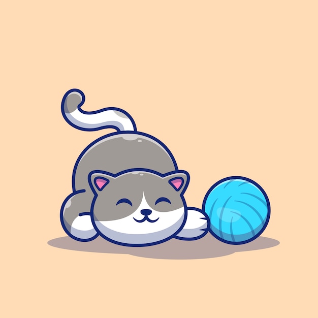 Cat playing ball icon illustration. simpatico gatto con sfera di filato.