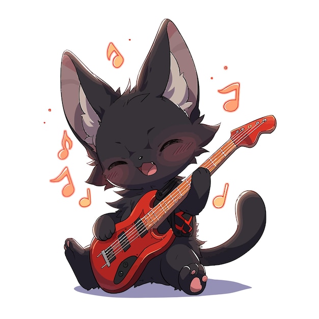 Un gatto che suona una chitarra con note musicali in sottofondo.