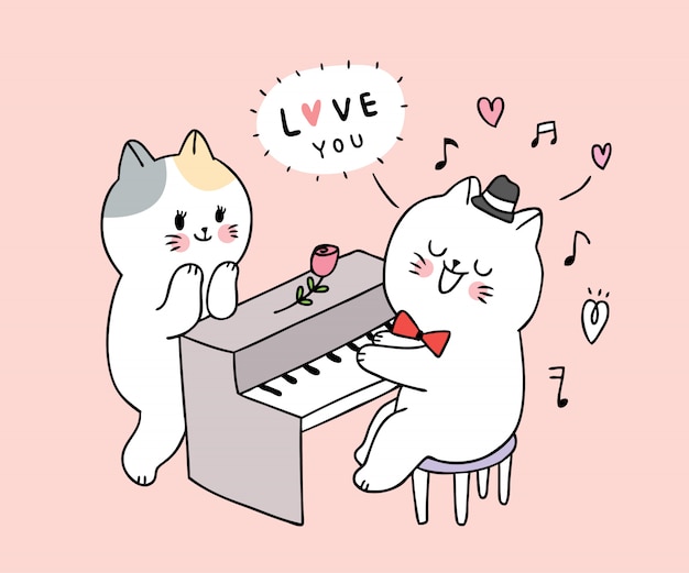 Vector cat playing piano and couple