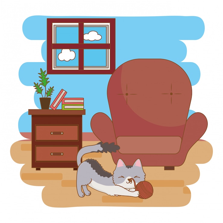Vector cat playing with ball of wool in the living room