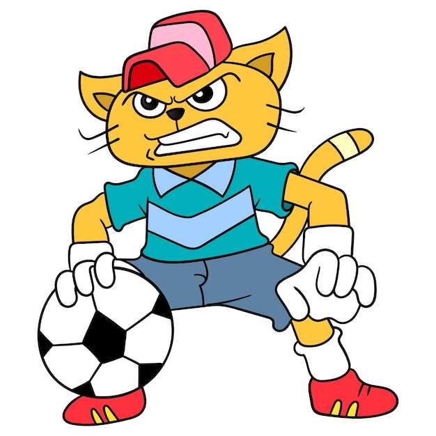 The cat pretends to be a goalkeeper in soccer, vector illustration art. doodle icon image kawaii.