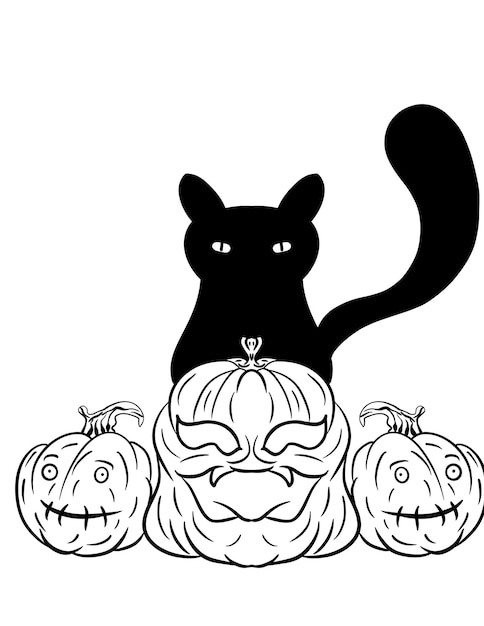 Vector cat and pumpkin coloring page