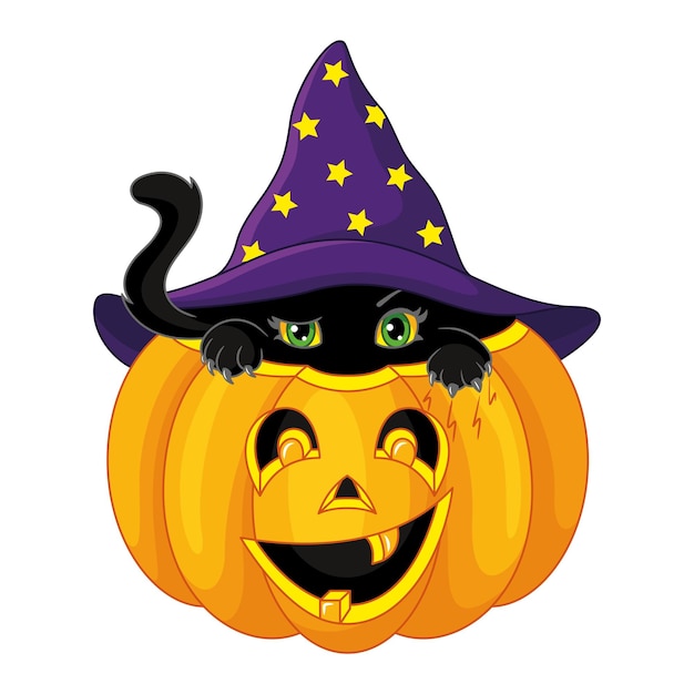 Кошка в тыкве для векторной иллюстрации хэллоуина