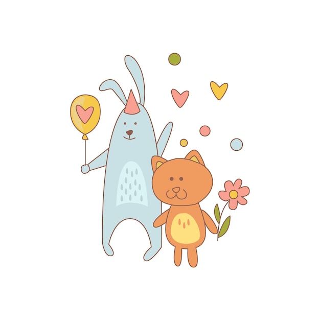 Cat And Rabbit Characters On Birthday Party