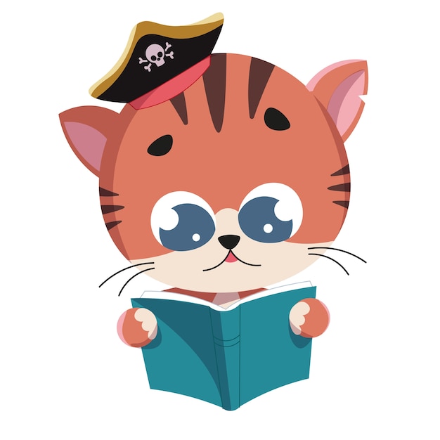 Gatto che legge un libro con il cappello di un pirata