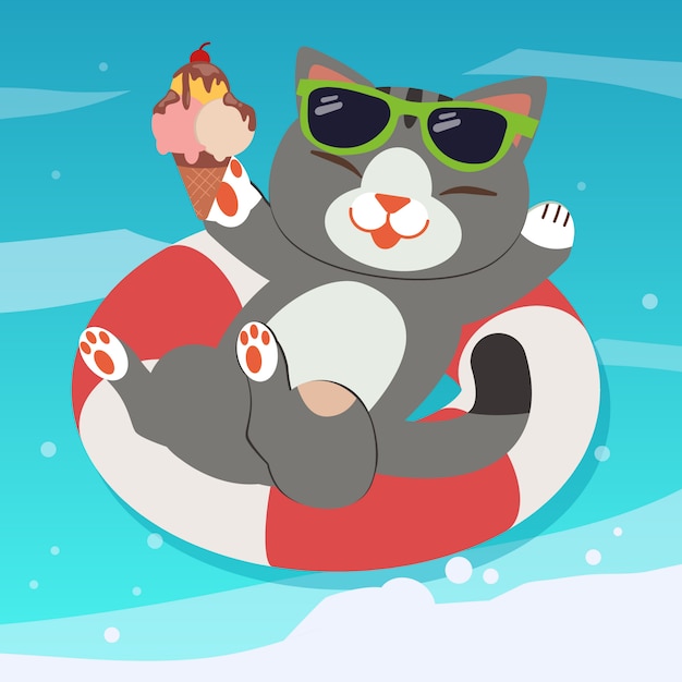 Vector cat relax on life ring