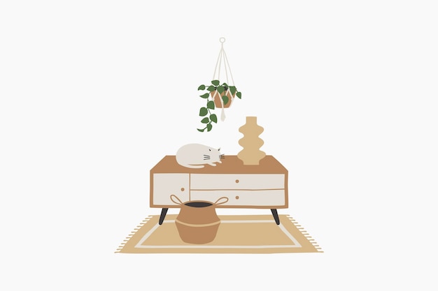 cat relaxing in living zone on drawer dresser vector illustration