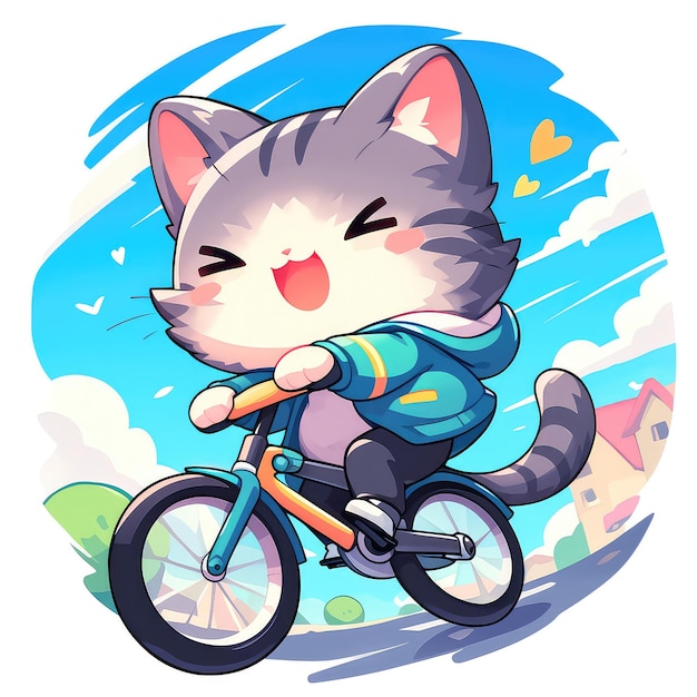 A cat riding a bicycle cartoon style