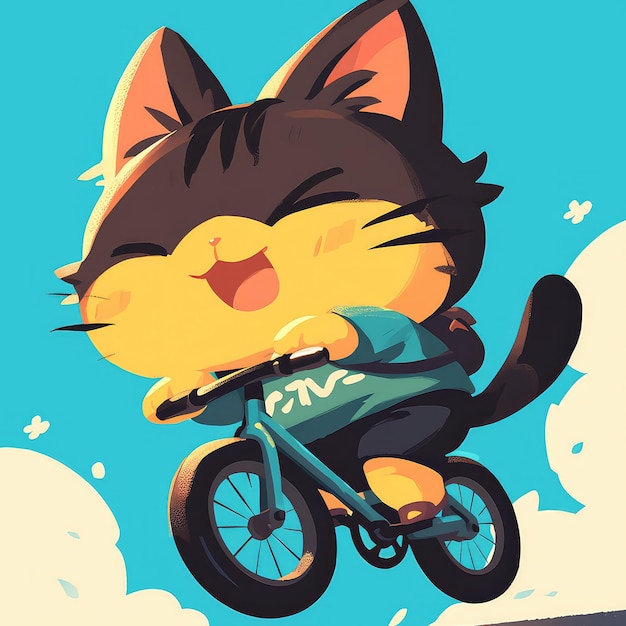 A cat riding a bicycle cartoon style