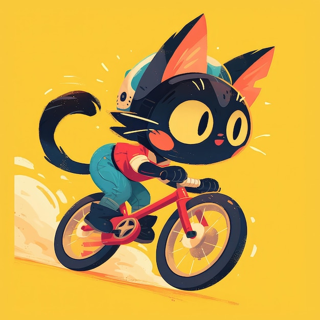 만화 스타일 의 자전거 를 타고 있는 고양이