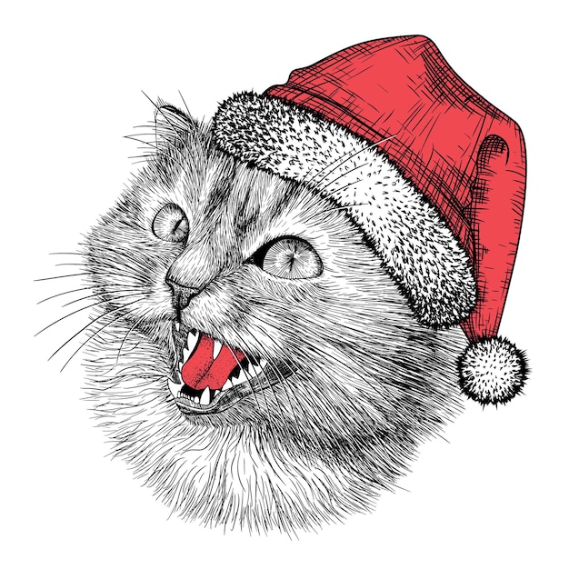 Gatto in un cappello da babbo natale in stile incisione