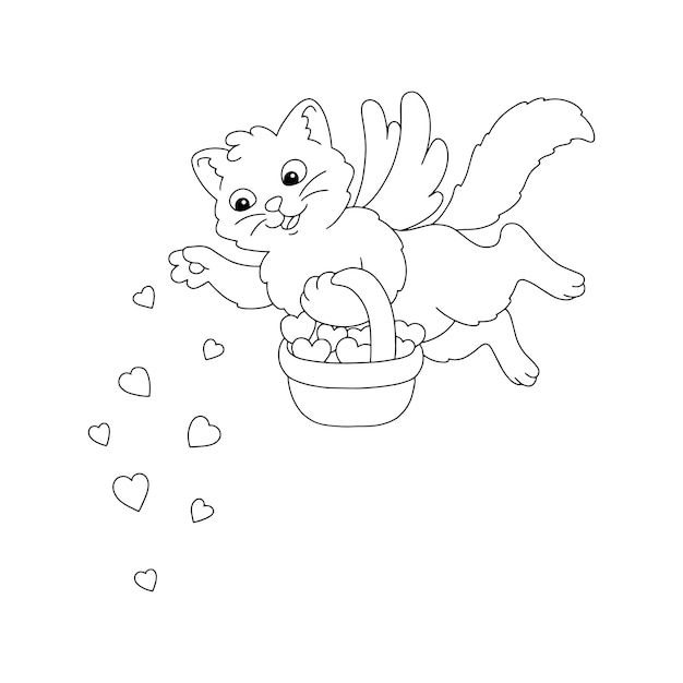 The cat scatters hearts from the basket Coloring book page for kids Cartoon style character