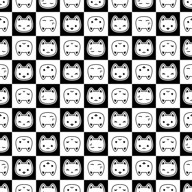 Cat seamless pattern calico kitten face checked